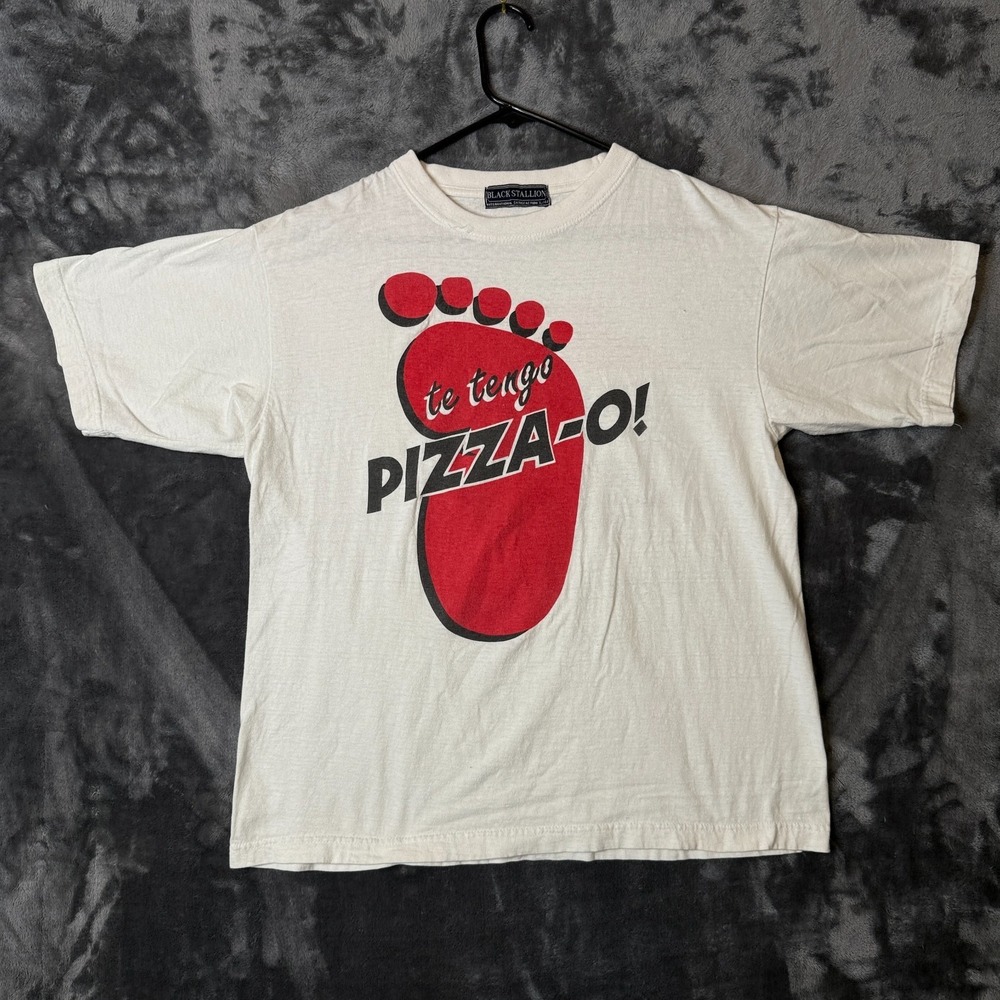 Vintage Pizza Hut White Short Sleeve Promo T-Shirt Mexican Black Stallion Medium
